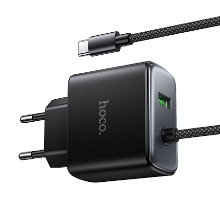 Сетевое зарядное устройство, 1 Type-C 25W + 1 USB 3.0 QC (C164A), HOCO, встроенный кабель Type-C, черный