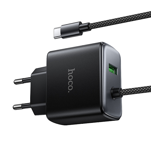Сетевое зарядное устройство, 1 Type-C 25W + 1 USB 3.0 QC (C164A), HOCO, встроенный кабель Type-C, черный