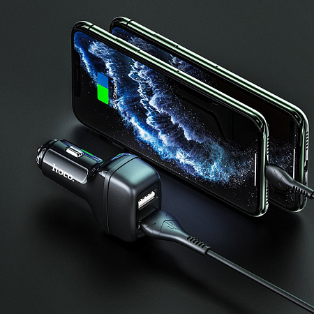 Автомобильное зарядное устройство, 2 USB 2.4A (Z36), usb cable lightning, HOCO, черный