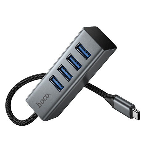 USB Хаб (HB1C) c 1 Type-C на 4 USB 3.0, HOCO, скорость передачи: до 5 Гбит/с, серый