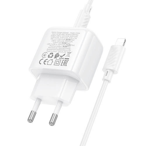 Сетевое зарядное устройство, 1 USB 3.0 QC+1 PD 30W (CS55A), HOCO, Type-C to Lightning, белый