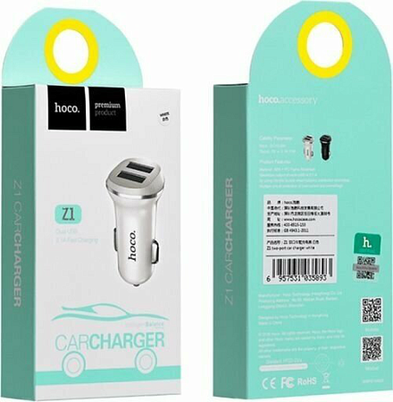 Автомобильное зарядное устройство, 2 USB 2.1A (Z1), usb cable lightning, HOCO, белый