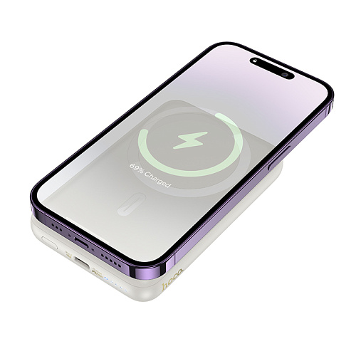 Универсальный Доп. Аккумулятор 10000mAh, J141, HOCO, 1 PD 20W, беспроводная зарядка (MagSafe), молочный белый