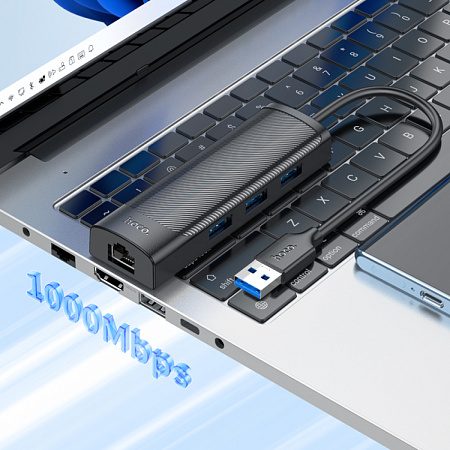 USB Хаб (HB42) с 1 USB на 3 USB 3.0+RJ45, HOCO, L=1.2M, черный