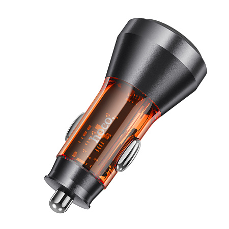 Автомобильное зарядное устройство, 1 USB QC3.0 18W, 1 PD 30W с дисплеем (NZ12B), HOCO, оранжевый с прозрачным