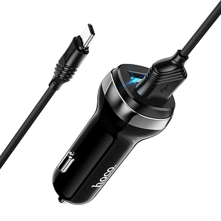 Автомобильное зарядное устройство, 2 USB 2.4A (Z40), usb cable Type-C, HOCO, черный