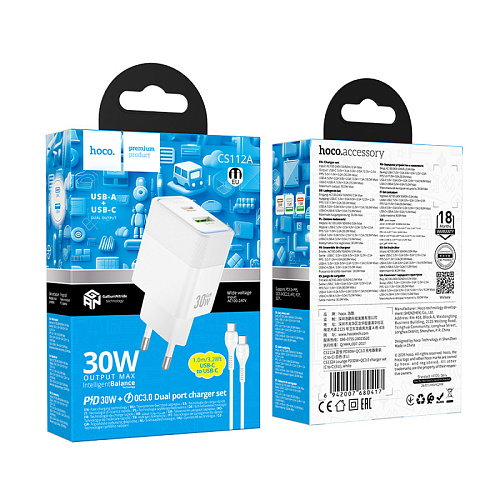 Сетевое зарядное устройство, 1 PD 30W + 1 USB 3.0 QC (CS112A), HOCO, Type-C to Type-C, белый