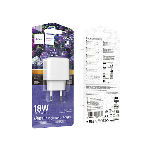 Сетевое зарядное устройство, 1 USB 3.0 QC (CS52A), HOCO, белый