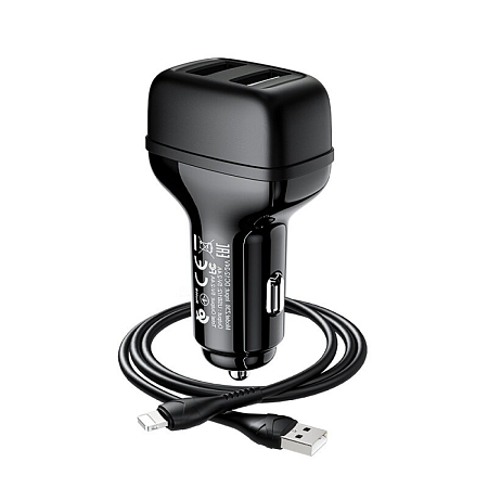 Автомобильное зарядное устройство, 2 USB 2.4A (Z36), usb cable lightning, HOCO, черный