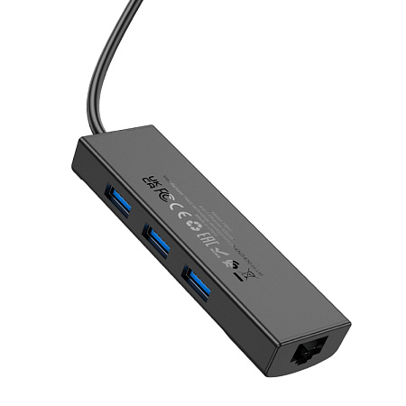 USB Хаб (HB42) с 1 Type-C на 3 USB 3.0+RJ45, HOCO, L=0.2M, черный