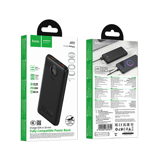Универсальный Доп. Аккумулятор 10000mAh, J172, HOCO, выход: 1 USB (22.5), 1 PD (20W), черный