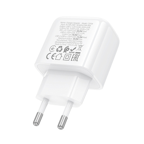 Сетевое зарядное устройство, 1 USB 3.0 QC+1 PD 30W (CS55A), HOCO, белый