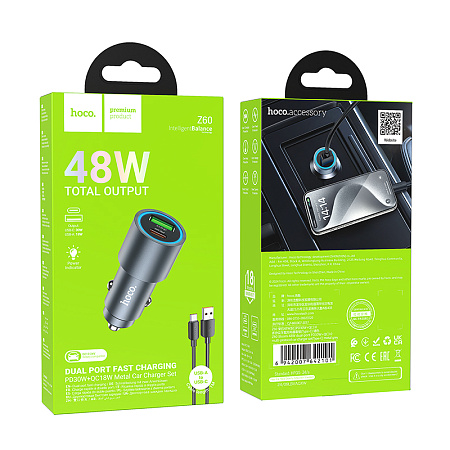 Автомобильное зарядное устройство, 1 USB QC3.0 18W, 1 PD 30W (Z60), HOCO, кабель Type-C, серый