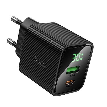 Сетевое зарядное устройство, 1 PD 30W + 1 USB 3.0 QC (CS84A), HOCO, с дисплеем, черный