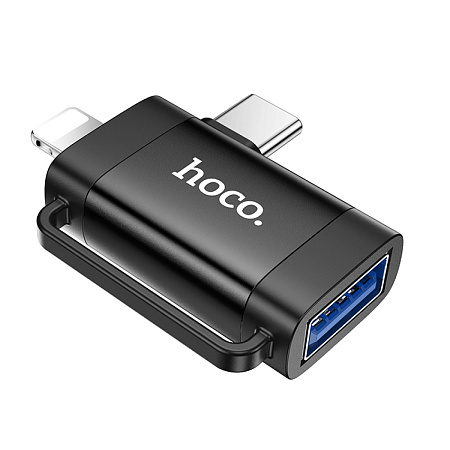Переходник 2 в 1, с Type-C/lightning (папа) на USB (мама), UA31F, HOCO, черный