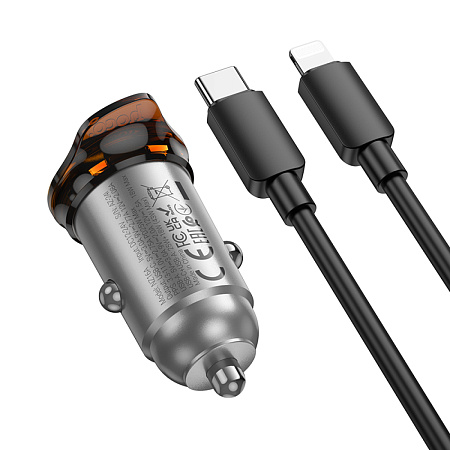 Автомобильное зарядное устройство, 1 USB QC3.0 18W, 1 PD 25W (NZ16A), HOCO, Type-C to Lightning, серый