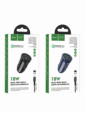 Автомобильное зарядное устройство, 2 USB 3.0 QC (Z39), 18W, HOCO, кабель Micro, черный