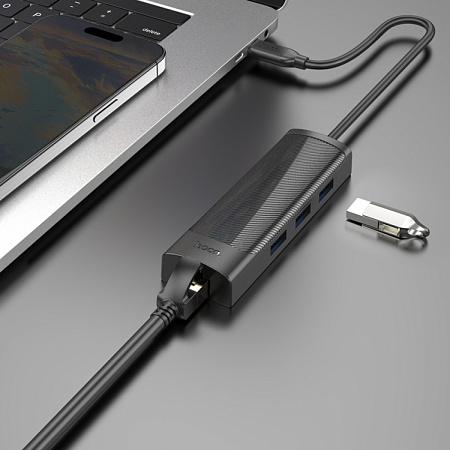 USB Хаб (HB42) с 1 Type-C на 3 USB 3.0+RJ45, HOCO, L=0.2M, черный