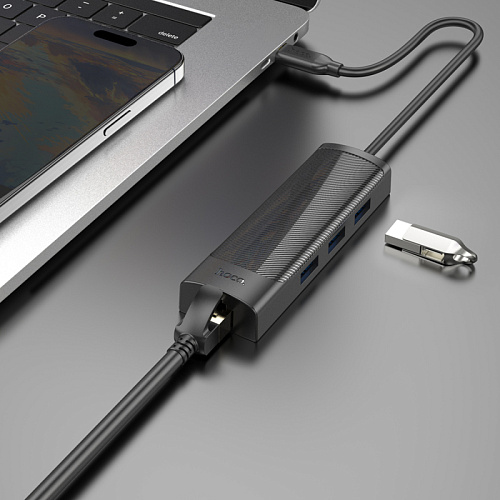 USB Хаб (HB42) с 1 Type-C на 3 USB 3.0+RJ45, HOCO, L=0.2M, черный