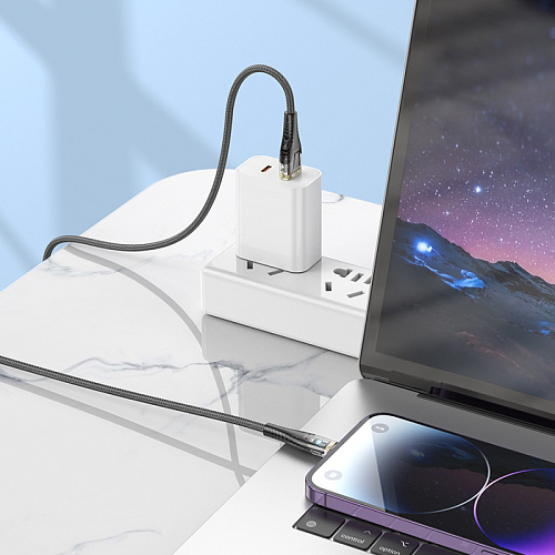 USB дата кабель Lightning, HOCO, U121, 1.2м, прозрачный черный