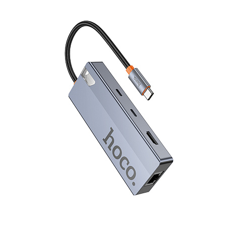 USB Хаб (HB52) с 1 Type-C на HDTV+RJ45+SD/TF+PD+Type-C 3.0+2 USB 3.0, HOCO, серый
