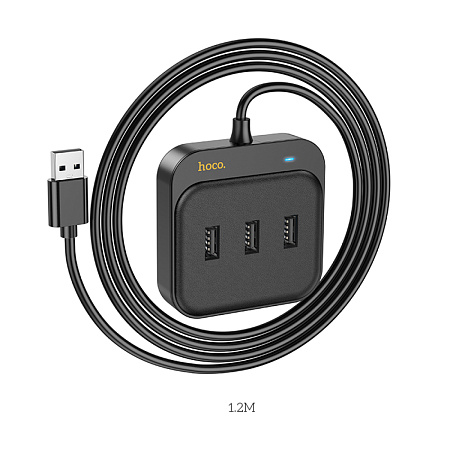 USB Хаб (HB35) с 1 USB на 3 USB 2.0+RJ45, HOCO, L=1.2M, черный