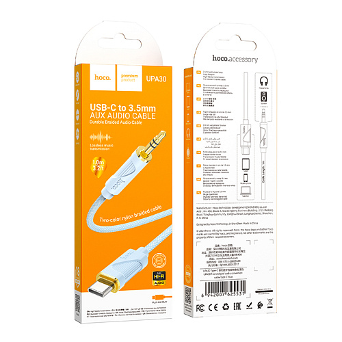 AUX Audio кабель 3,5 мм на Type-C, UPA30, HOCO, синий