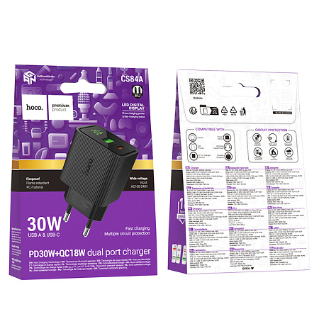 Сетевое зарядное устройство, 1 PD 30W + 1 USB 3.0 QC (CS84A), HOCO, с дисплеем, черный