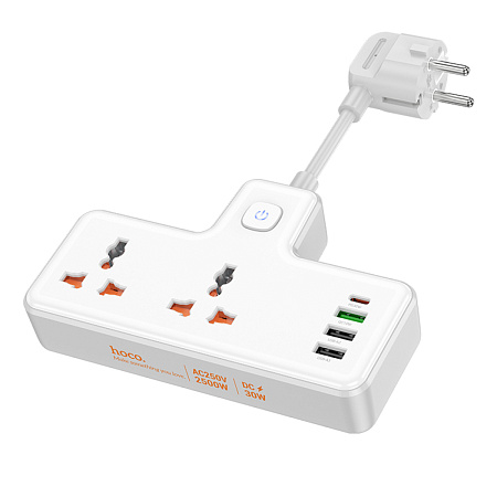 Сетевой фильтр на 2 розетки+3 USB+1 PD, 0.85м, AC12A, HOCO, белый