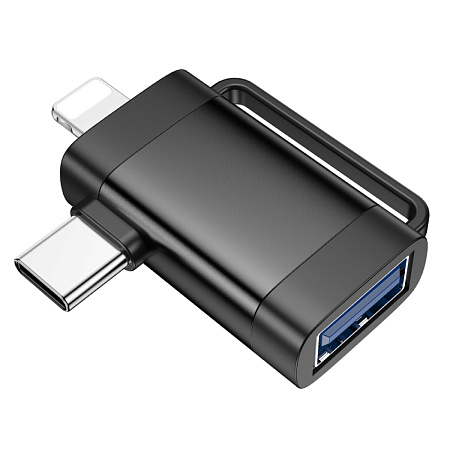Переходник 2 в 1, с Type-C/lightning (папа) на USB (мама), UA31F, HOCO, черный