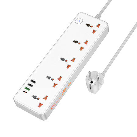 Сетевой фильтр на 5 розеток+3 USB+1 PD, 1.5м, AC14A, HOCO, белый