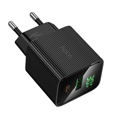 Сетевое зарядное устройство, 1 PD 30W + 1 USB 3.0 QC (CS84A), HOCO, с дисплеем, черный