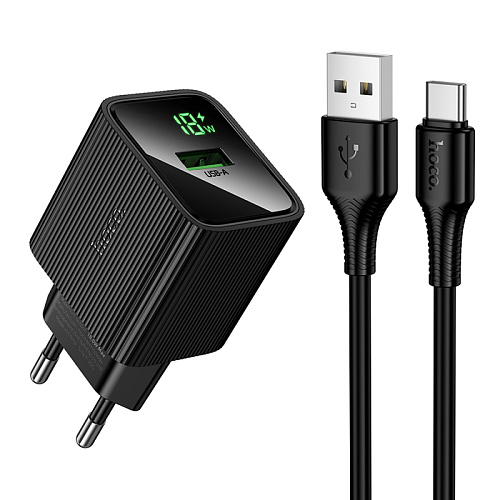 Сетевое зарядное устройство, 1 USB 3.0 QC (CS81A), HOCO, Type-C, с дисплеем, черный