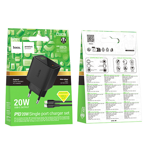 Сетевое зарядное устройство, 1 PD 20W  (CS82A), HOCO, Type-C to Lightning, с дисплеем, черный