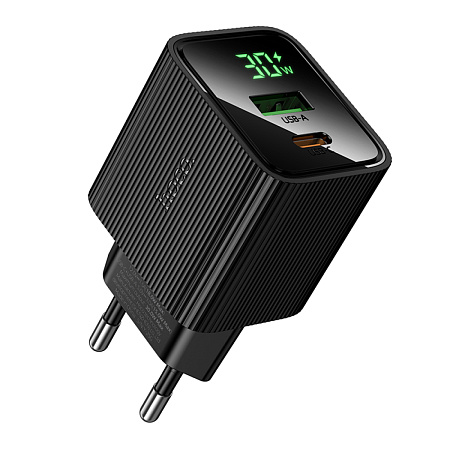 Сетевое зарядное устройство, 1 PD 30W + 1 USB 3.0 QC (CS84A), HOCO, с дисплеем, черный