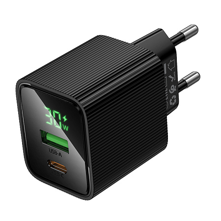 Сетевое зарядное устройство, 1 PD 30W + 1 USB 3.0 QC (CS84A), HOCO, с дисплеем, черный