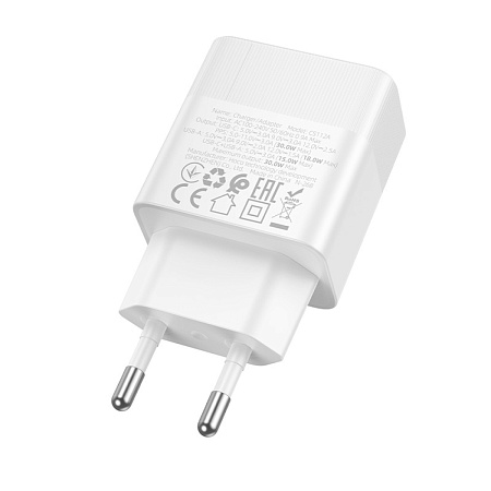 Сетевое зарядное устройство, 1 PD 30W + 1 USB 3.0 QC (CS112A), HOCO, белый