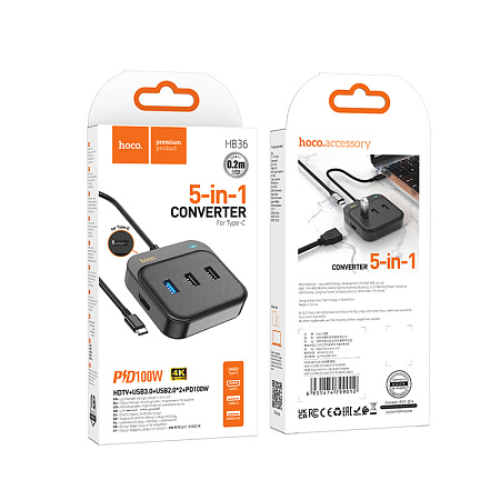 USB Хаб (HB36) с 1 Type-C на HDMI+1 USB 3.0+2 USB 2.0+1 PD, HOCO, черный