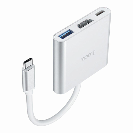 USB Хаб (HB14) c 1 Type-C на USB 3.0+HDMI+PD, HOCO, серебро