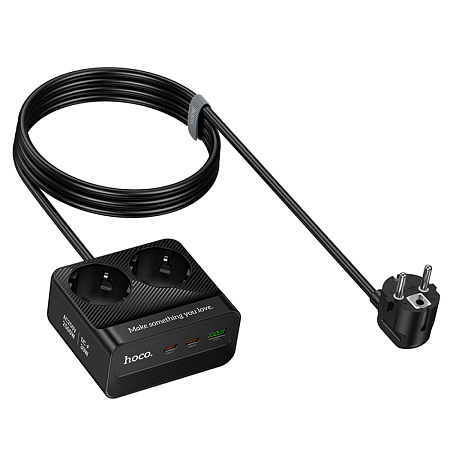 Сетевой фильтр на 2 розетки +1 USB+2 PD, 2м, AC27, HOCO, черный