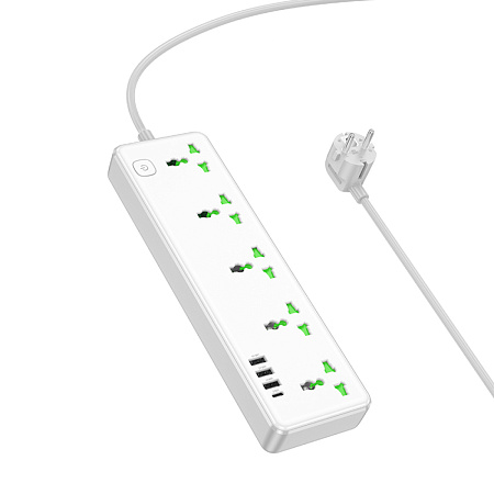 Сетевой фильтр на 5 розеток+3 USB+1 PD, 1.5м, AC13A, HOCO, белый
