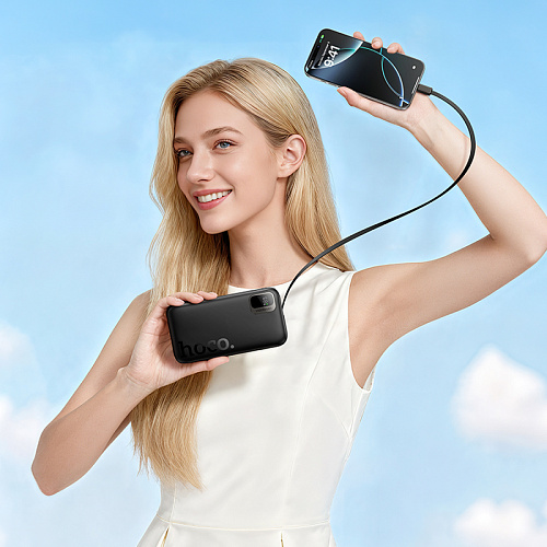 Универсальный Доп. Аккумулятор 10000mAh, Q51, HOCO, выход 1 PD (20W), кабель-рулетка Type-C, черный