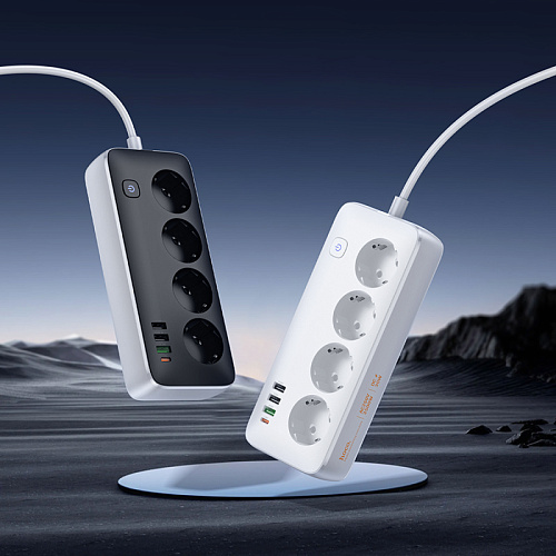 Сетевой фильтр на 4 розетки+3 USB+1 PD(30Вт), 3 м, AC22, Sunlight, HOCO, черный