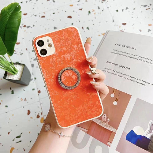 Чехол силиконовый для iPhone 13 (6.1), с подставкой кольцом на палец со стразами, X-CASE, оранжевый