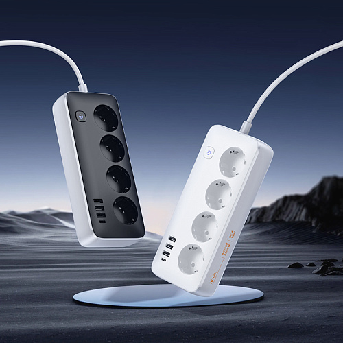 Сетевой фильтр на 4 розеток+3 USB+1 PD, 3м, AC21, HOCO, черный