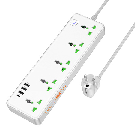 Сетевой фильтр на 5 розеток+3 USB+1 PD, 1.5м, AC13A, HOCO, белый