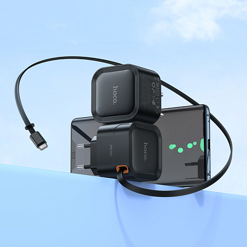 Сетевое зарядное устройство, встроенный кабель-рулетка Type-C, 20W (C153A), HOCO, черный