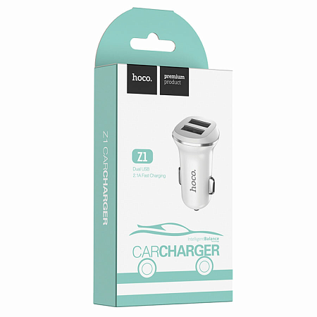 Автомобильное зарядное устройство, 2 USB 2.1A (Z1), usb cable lightning, HOCO, белый