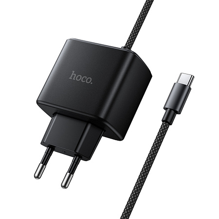 Сетевое зарядное устройство, 1 Type-C 25W + 1 USB 3.0 QC (C164A), HOCO, встроенный кабель Type-C, черный