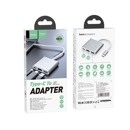 USB Хаб (HB14) c 1 Type-C на USB 3.0+HDMI+PD, HOCO, серебро
